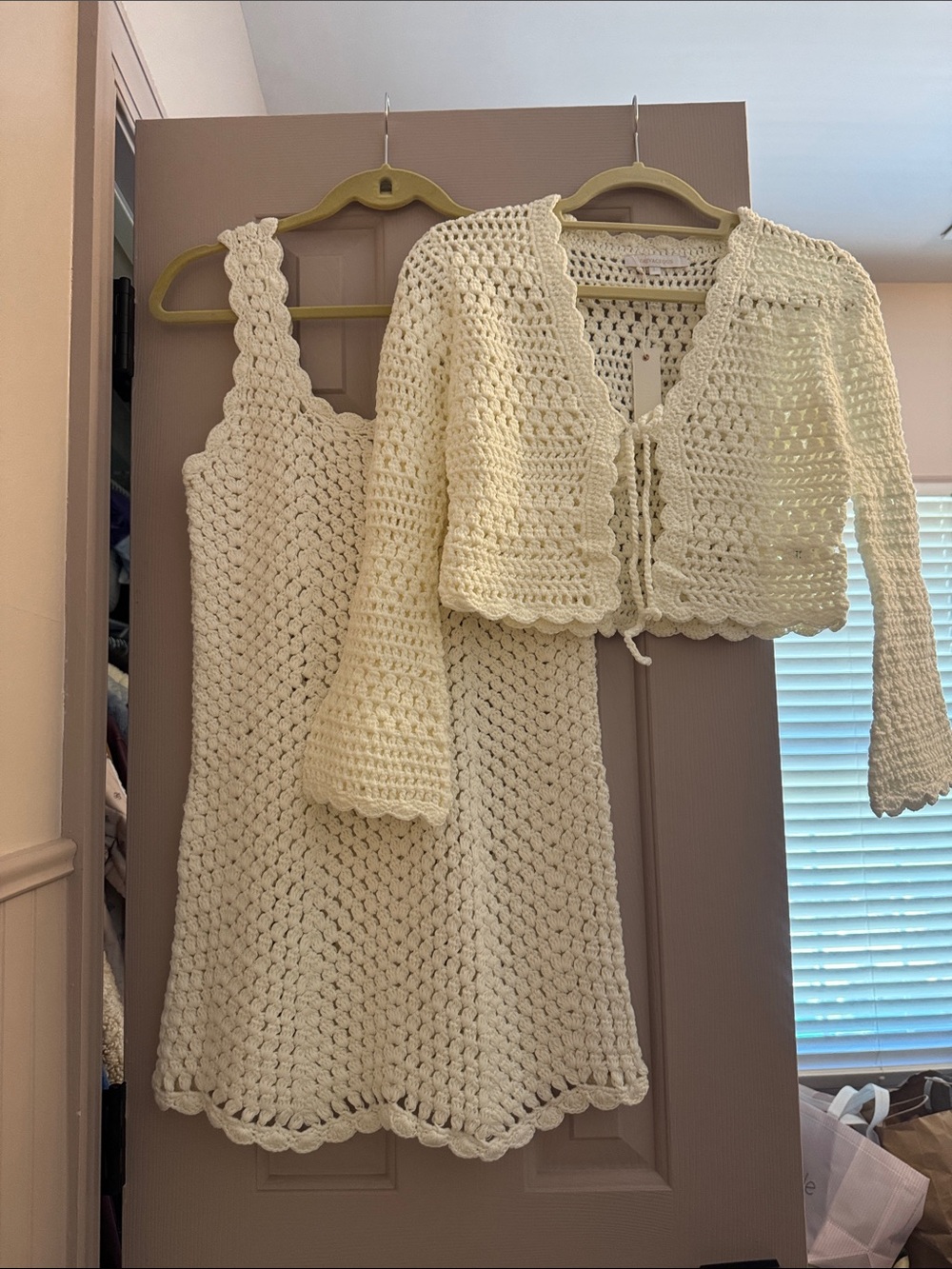 Olivaceous nwt crochet Cream Tank Dress with Matching Cropped Cardigan L
